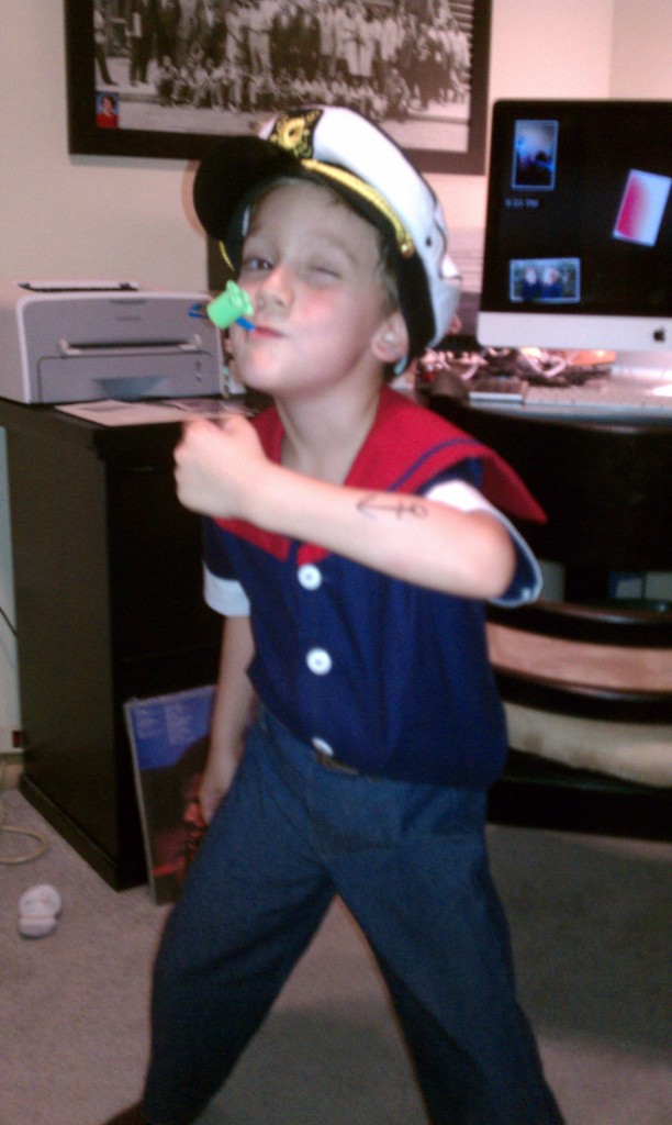 Grandma's homemade Popeye costume like father, like son